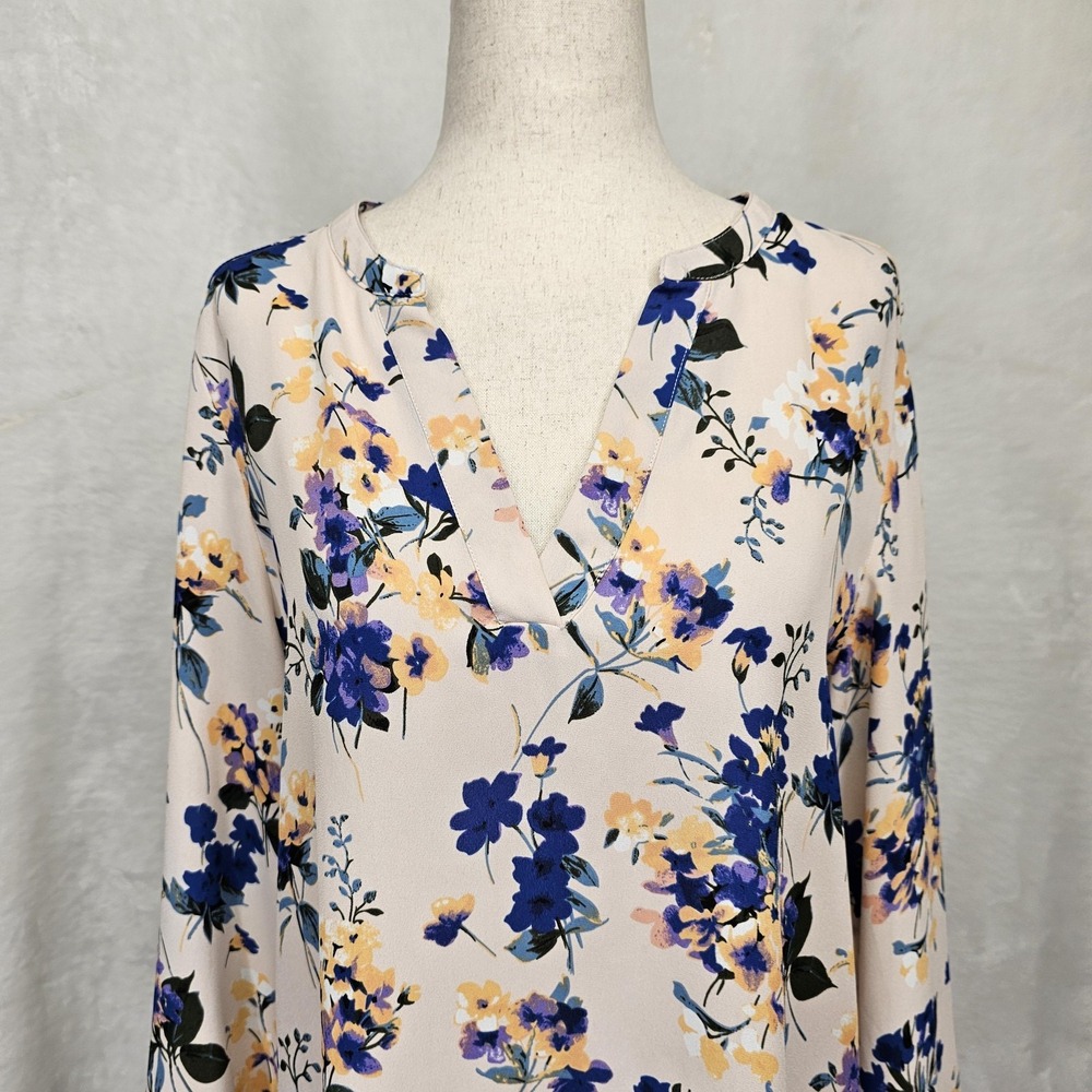 Adrianna Papell Blouse Womens Small Floral V Neck Long Sleeve Blue Yellow Top - Picture 2 of 11